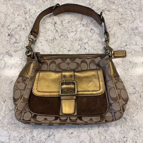 Vintage  Rare Coach Handbag purse with gold and signature khaki "C" - Picture 2 of 13